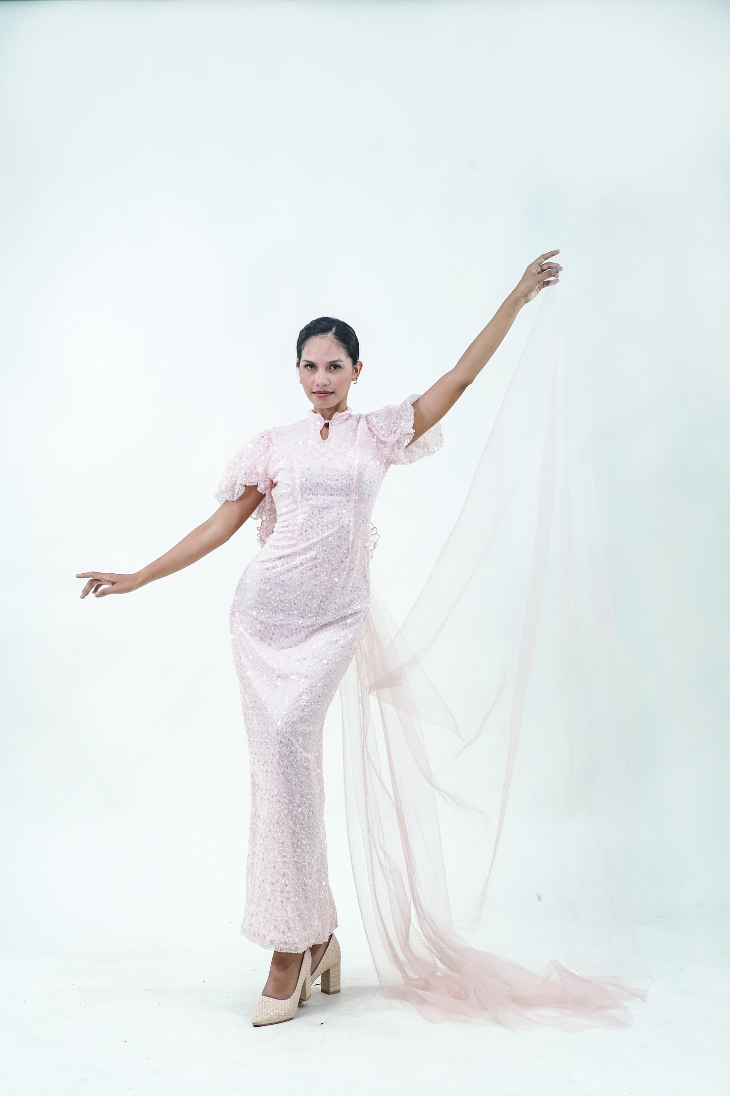 Short Sleeve Sequined Pink Evening Gown - Noelle West Bridals