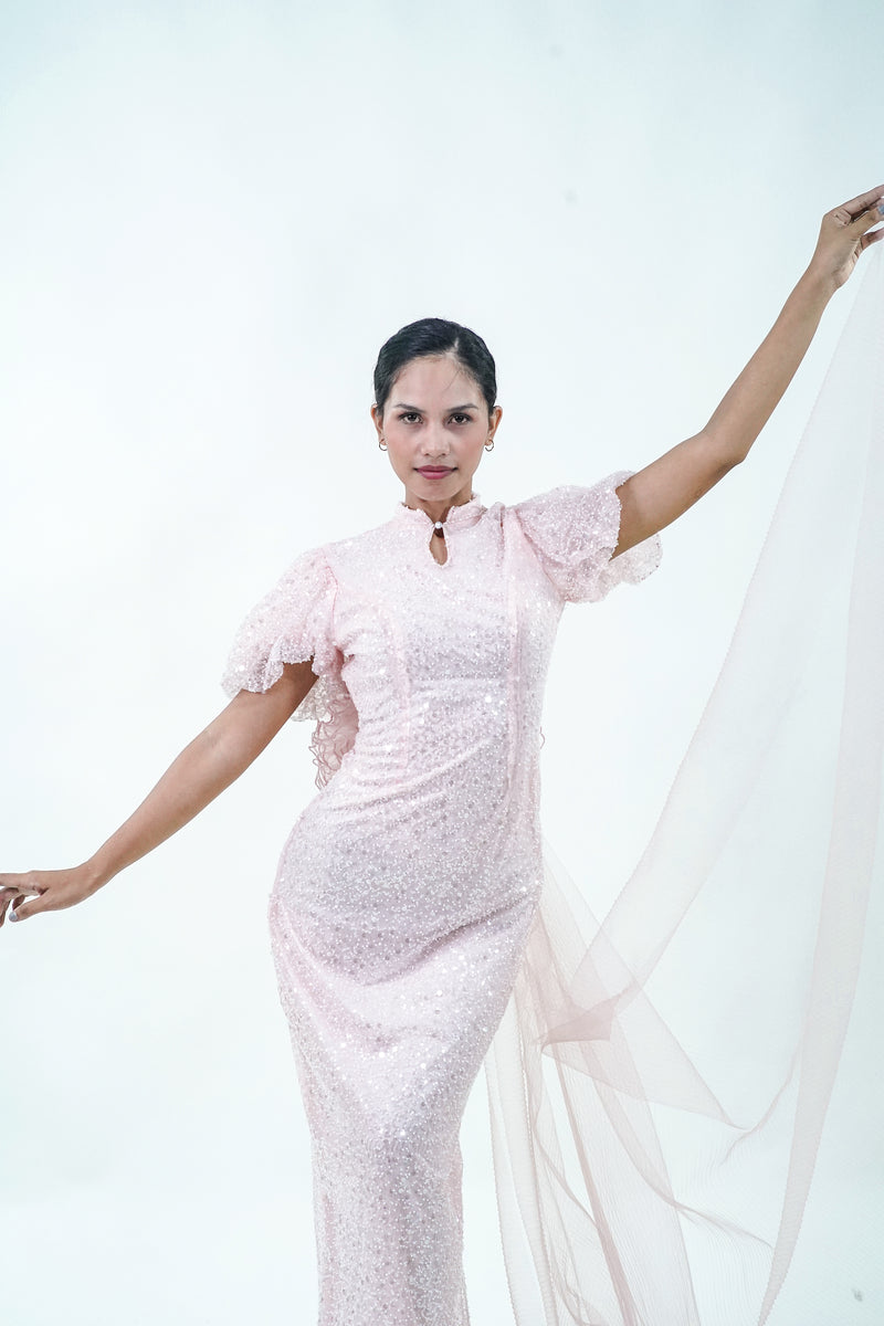 Short Sleeve Sequined Pink Evening Gown - Noelle West Bridals
