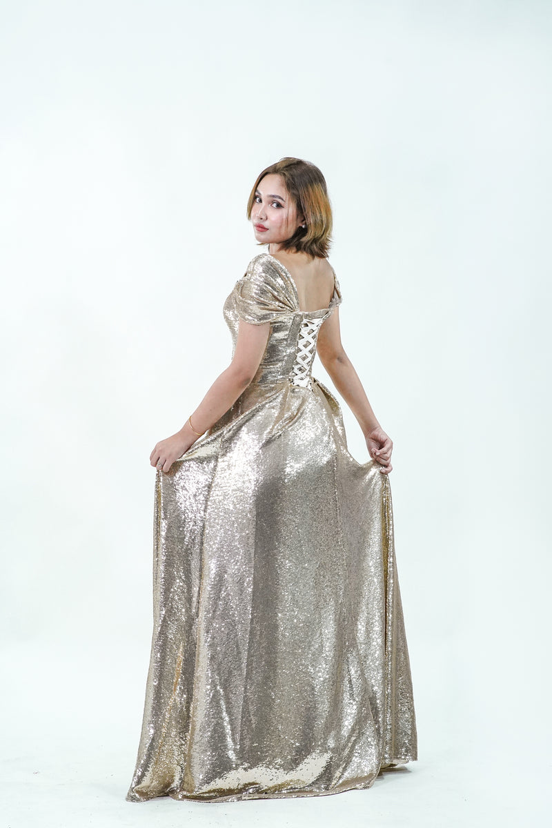 Gold Metallic Off-Shoulder Evening Gown - Noelle West Bridals