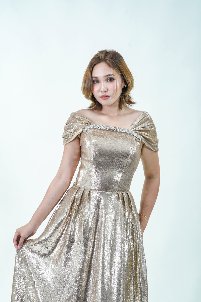 Gold Metallic Off-Shoulder Evening Gown - Noelle West Bridals
