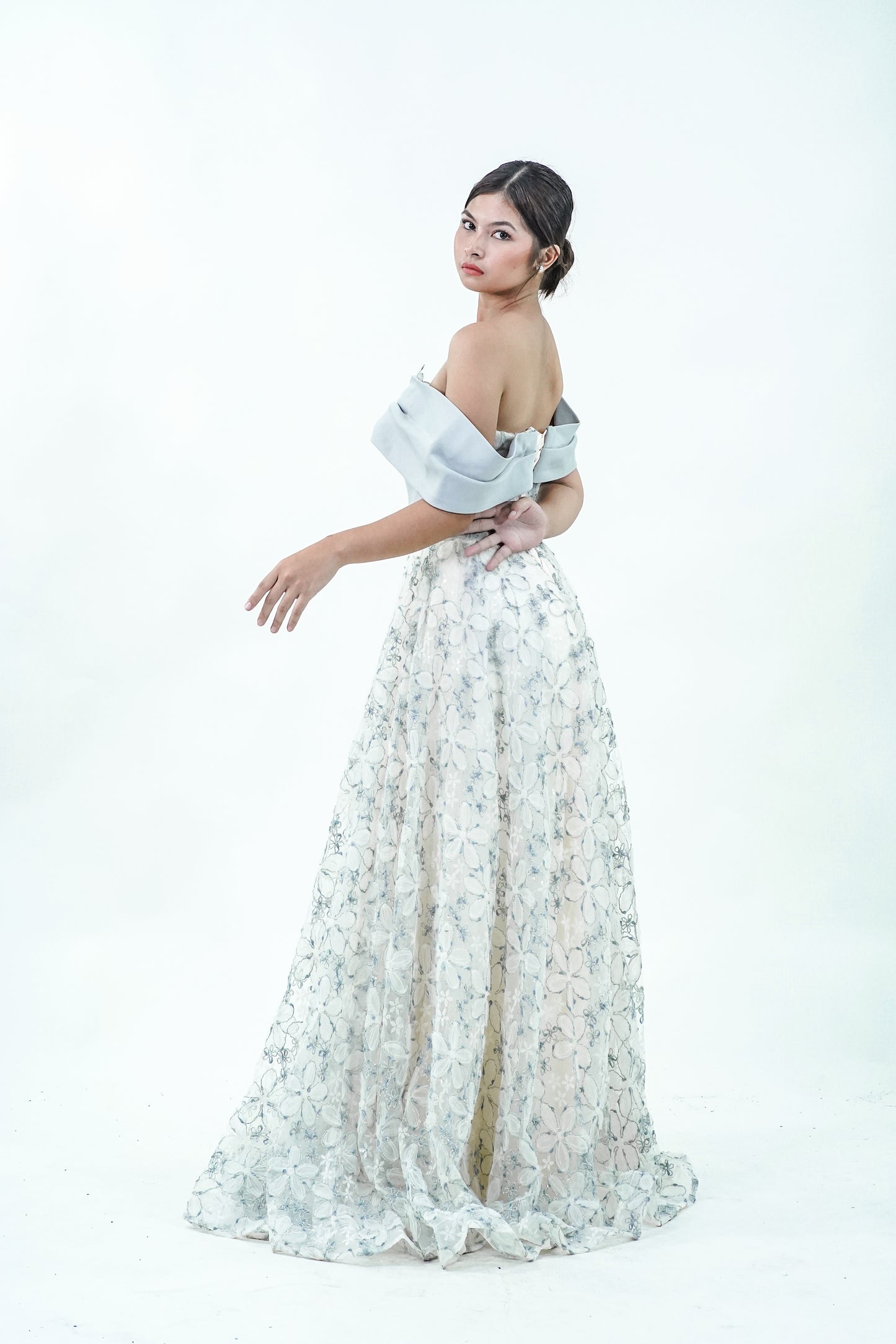 Off-Shoulder Dusty Blue Floral Evening Gown - Noelle West Bridals