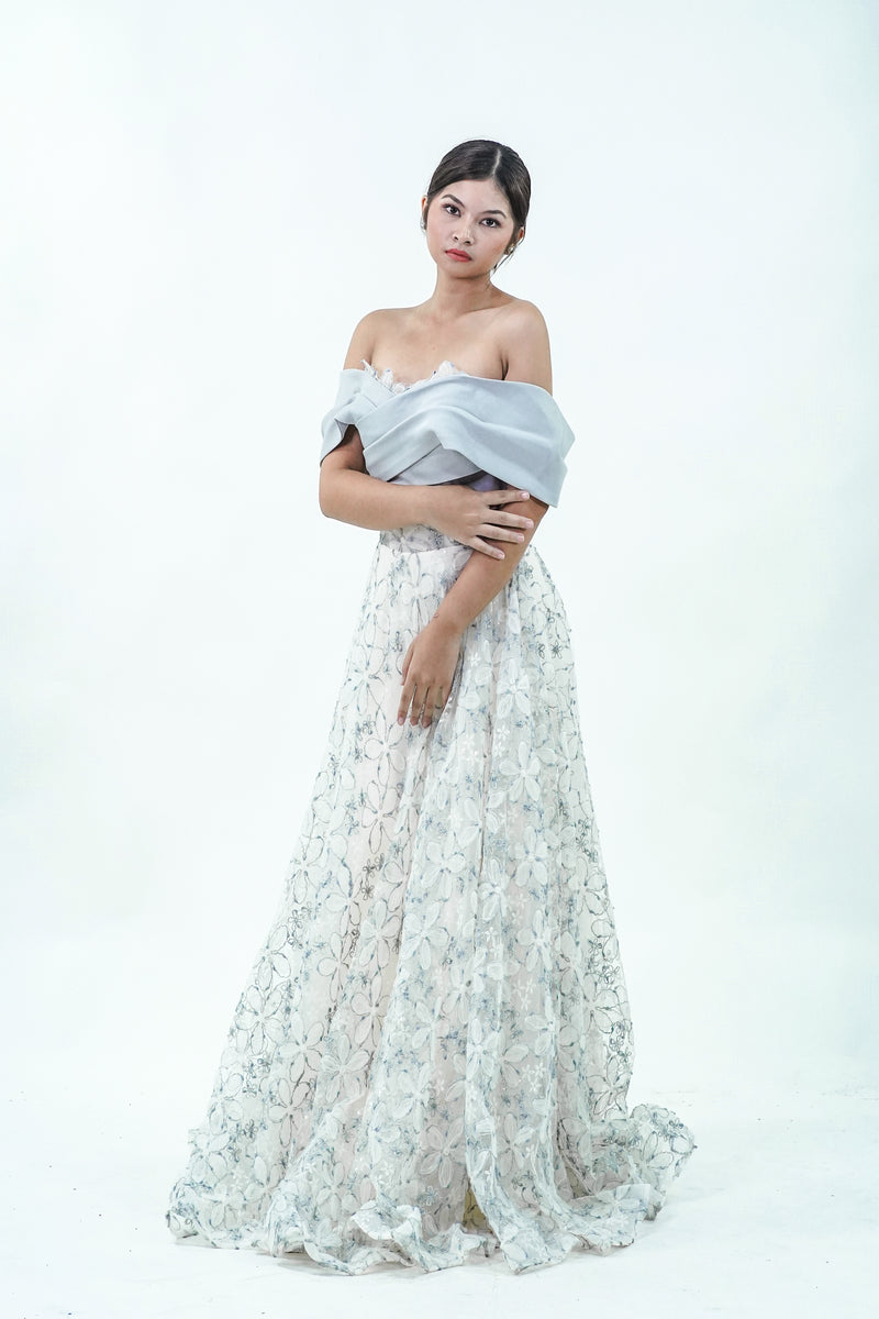 Off-Shoulder Dusty Blue Floral Evening Gown - Noelle West Bridals