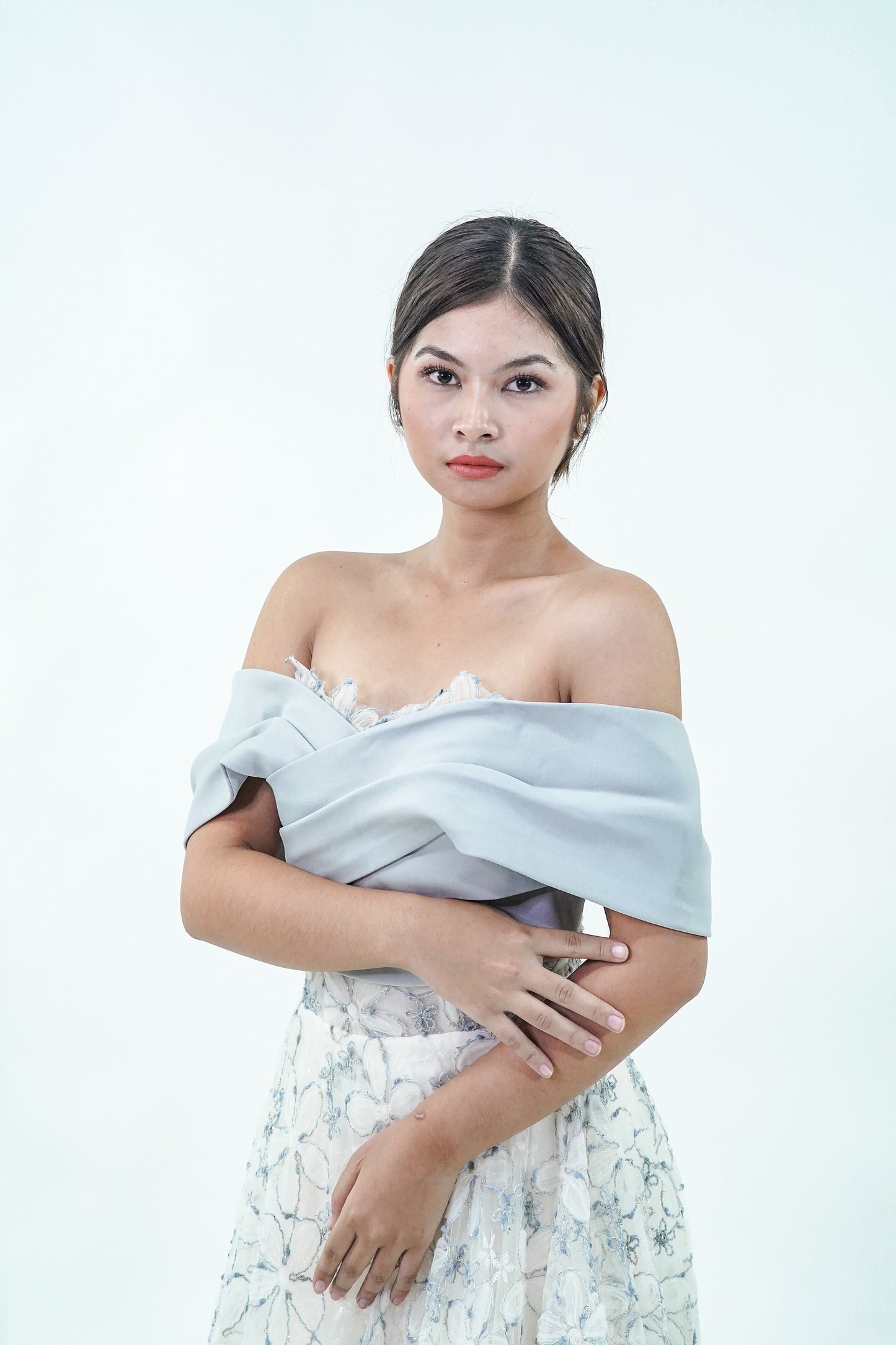 Off-Shoulder Dusty Blue Floral Evening Gown - Noelle West Bridals