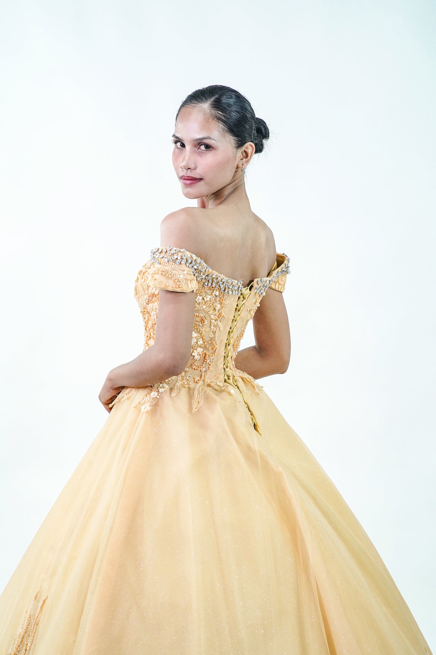 Off-Shoulder Royal Bejeweled Yellow Ball Gown - Noelle West Bridals
