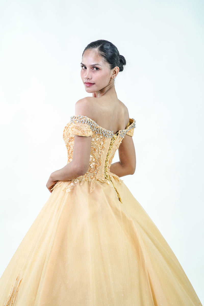 Off-Shoulder Royal Bejeweled Yellow Ball Gown - Noelle West Bridals