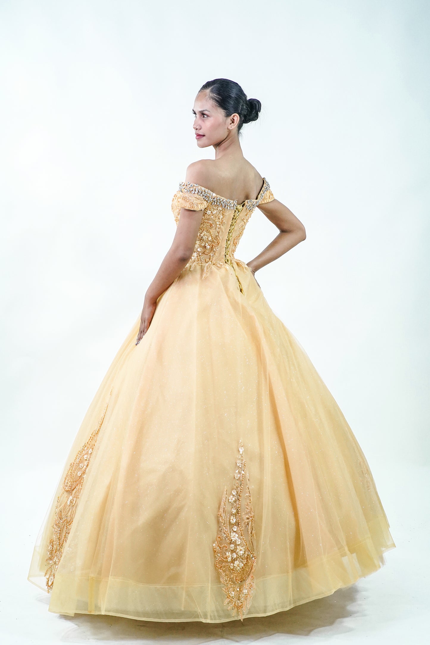 Off-Shoulder Royal Bejeweled Yellow Ball Gown - Noelle West Bridals