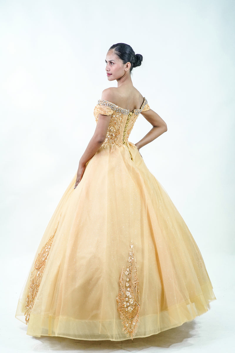 Off-Shoulder Royal Bejeweled Yellow Ball Gown - Noelle West Bridals