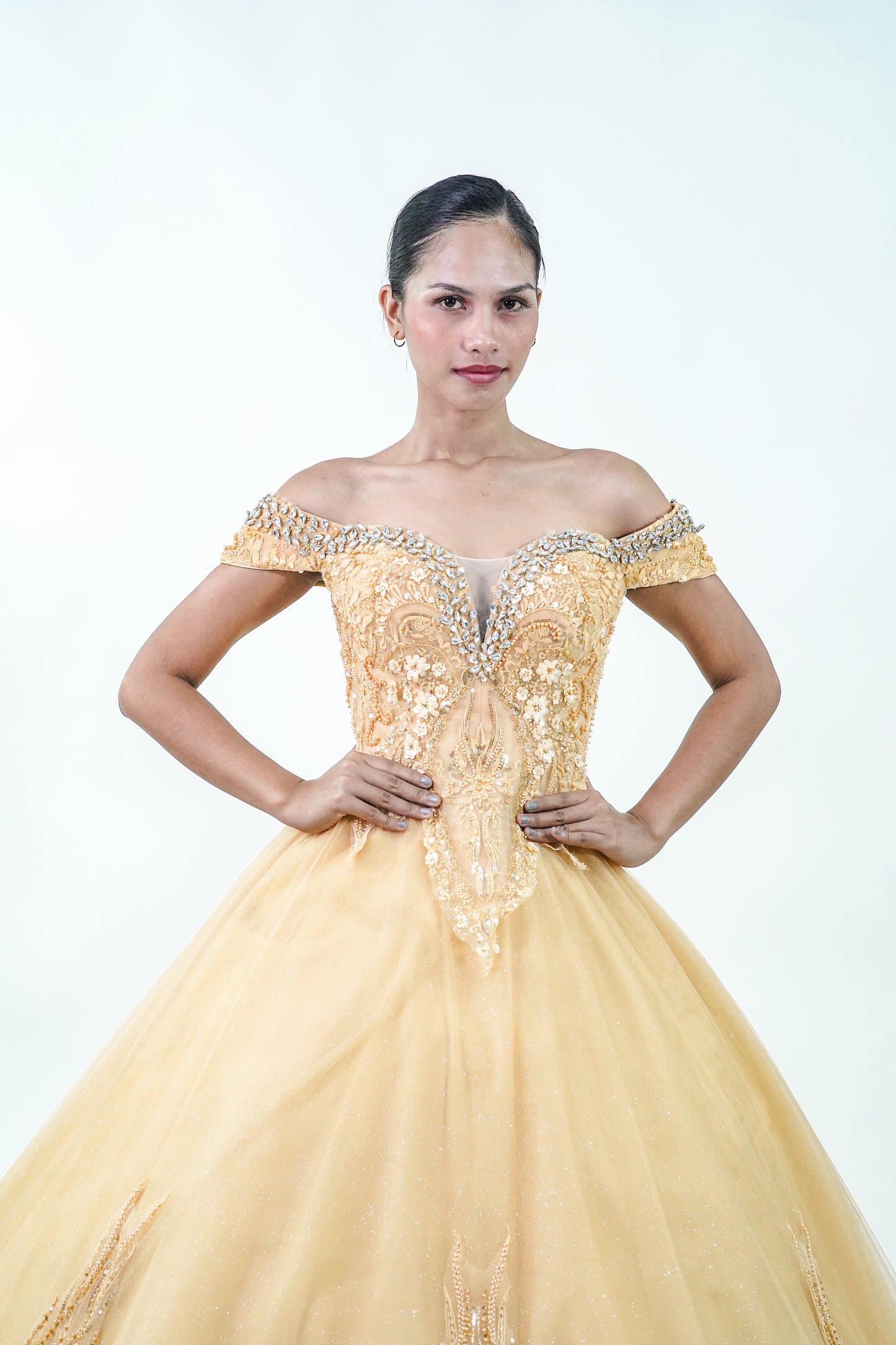 Off-Shoulder Royal Bejeweled Yellow Ball Gown - Noelle West Bridals