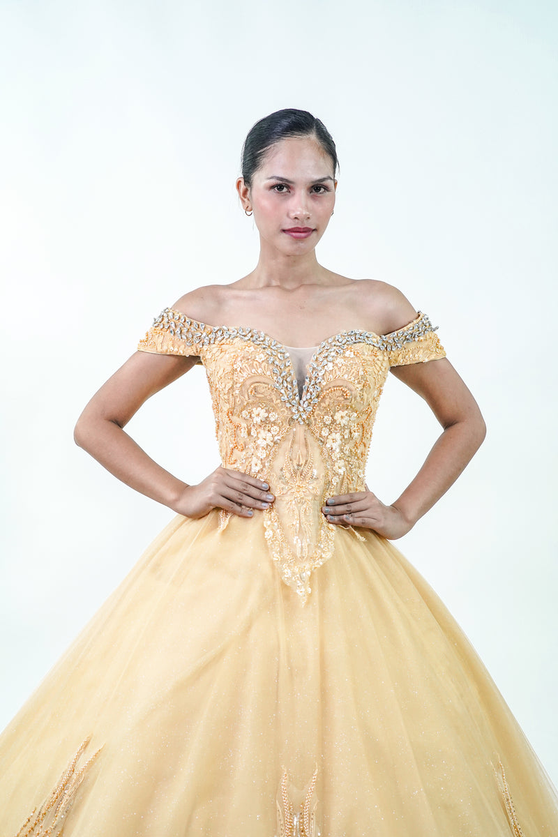Off-Shoulder Royal Bejeweled Yellow Ball Gown - Noelle West Bridals