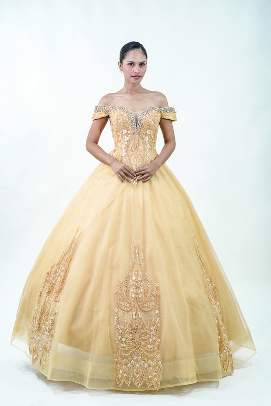 Off-Shoulder Royal Bejeweled Yellow Ball Gown - Noelle West Bridals