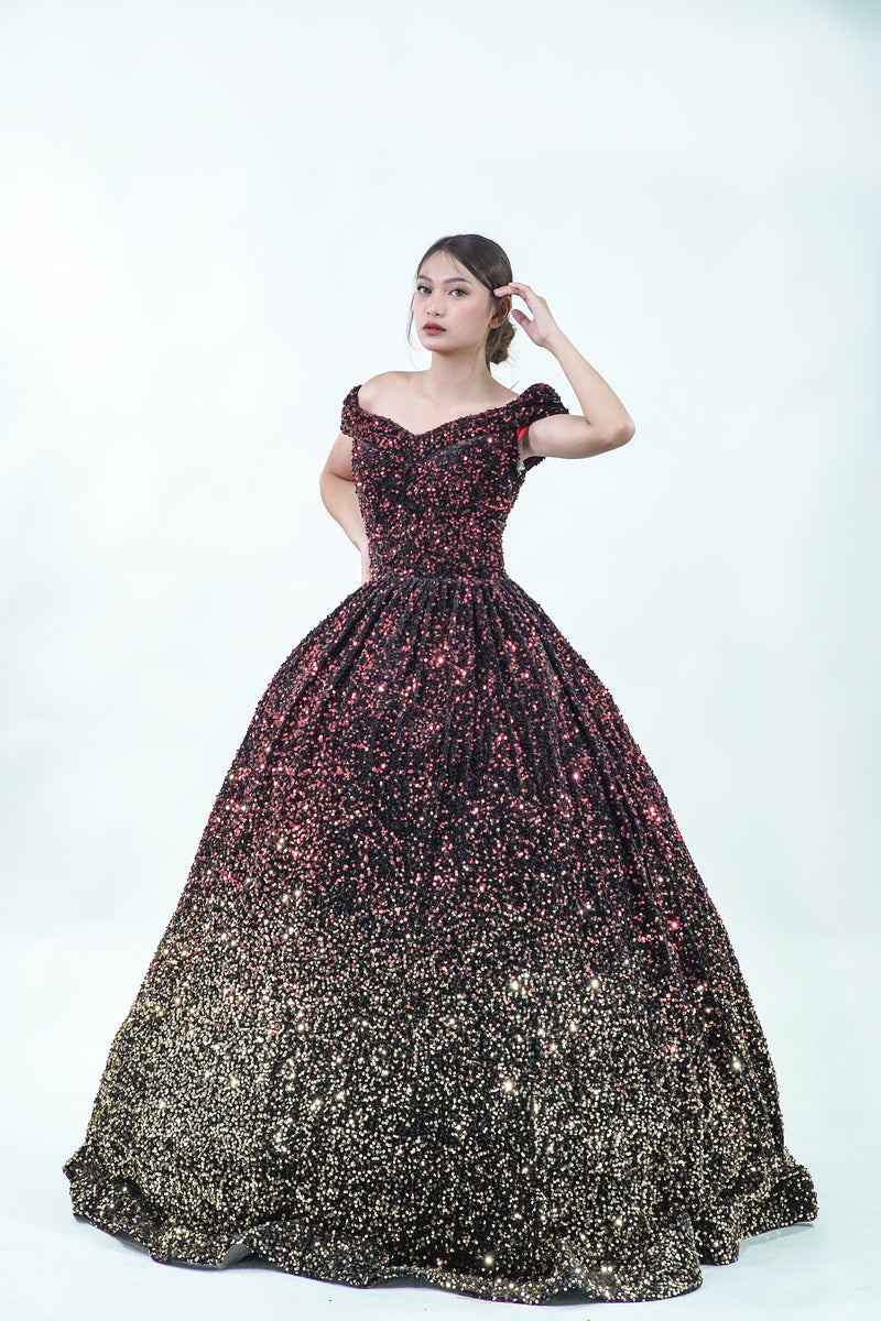 Starry Night Off-Shoulder Black Sequined Ball Gown - Noelle West Bridals