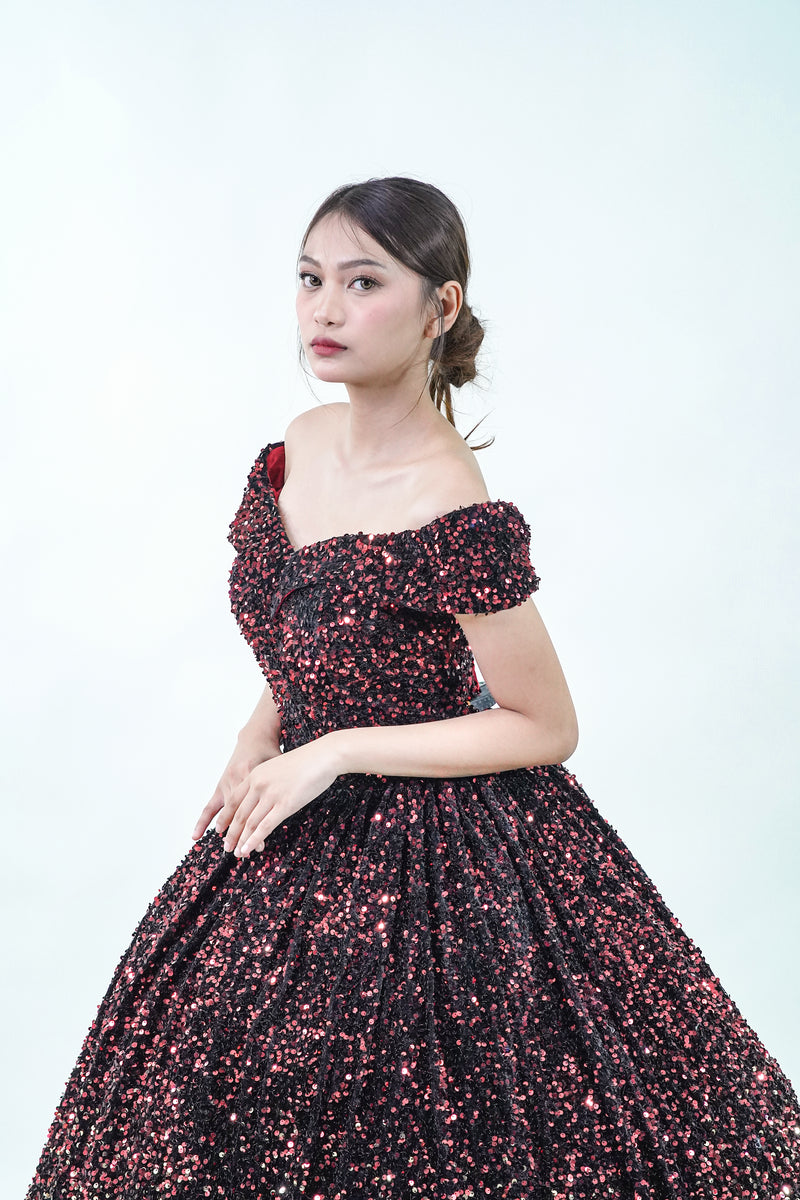 Starry Night Off-Shoulder Black Sequined Ball Gown - Noelle West Bridals