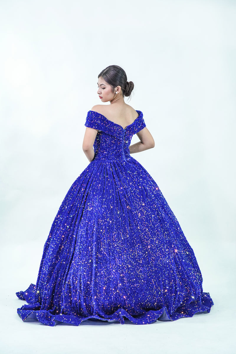 Midnight Blue Sequined Off-Shoulder Ball Gown - Noelle West Bridals