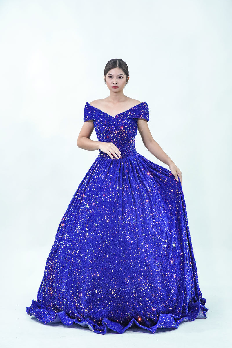 Midnight Blue Sequined Off-Shoulder Ball Gown - Noelle West Bridals