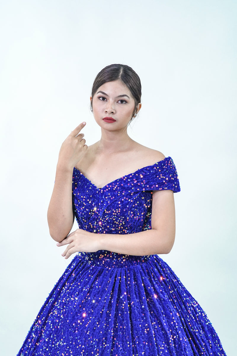 Midnight Blue Sequined Off-Shoulder Ball Gown - Noelle West Bridals