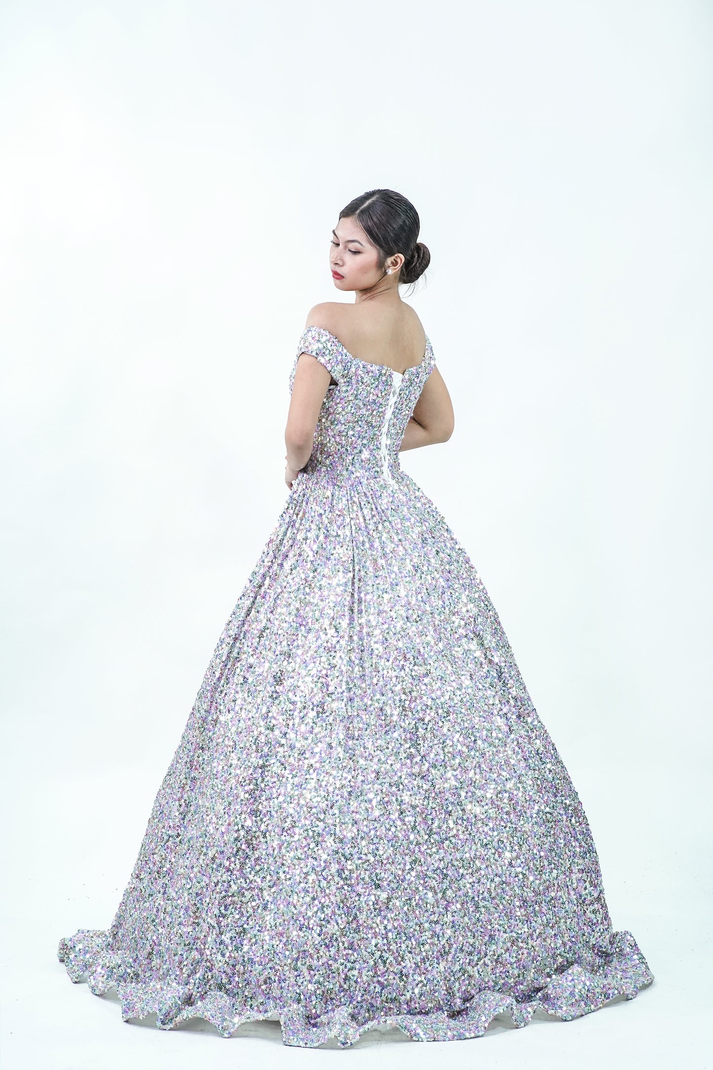 Silver Bedazzled Off-Shoulder Sparkly Ball Gown - Noelle West Bridals
