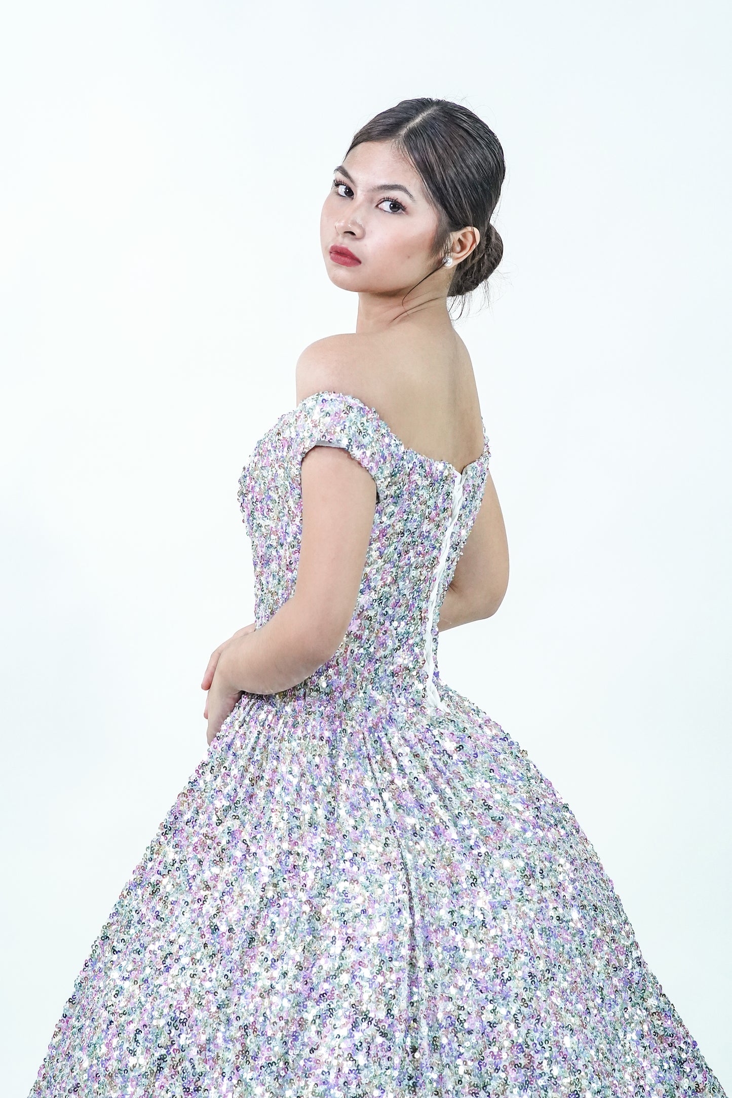 Silver Bedazzled Off-Shoulder Sparkly Ball Gown - Noelle West Bridals