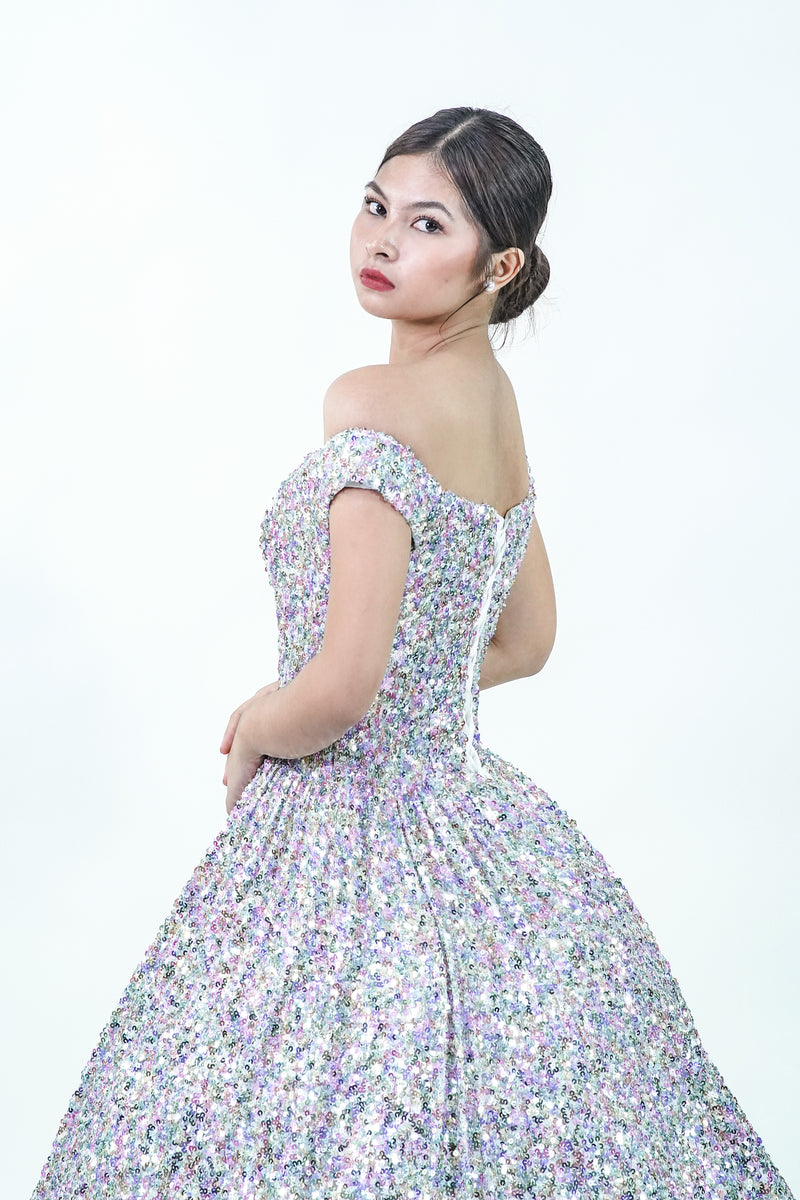 Silver Bedazzled Off-Shoulder Sparkly Ball Gown - Noelle West Bridals