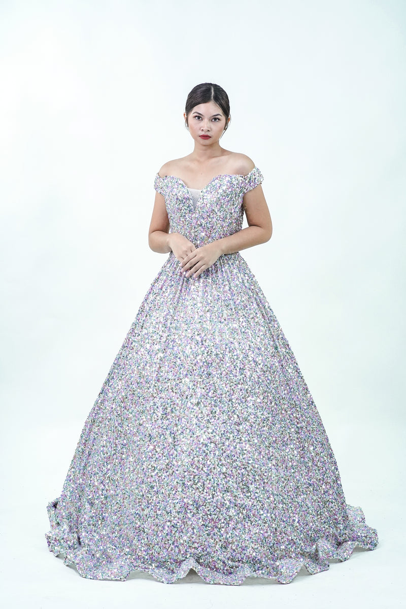 Silver Bedazzled Off-Shoulder Sparkly Ball Gown - Noelle West Bridals