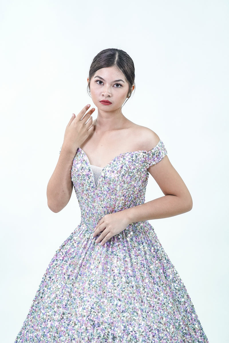 Silver Bedazzled Off-Shoulder Sparkly Ball Gown - Noelle West Bridals
