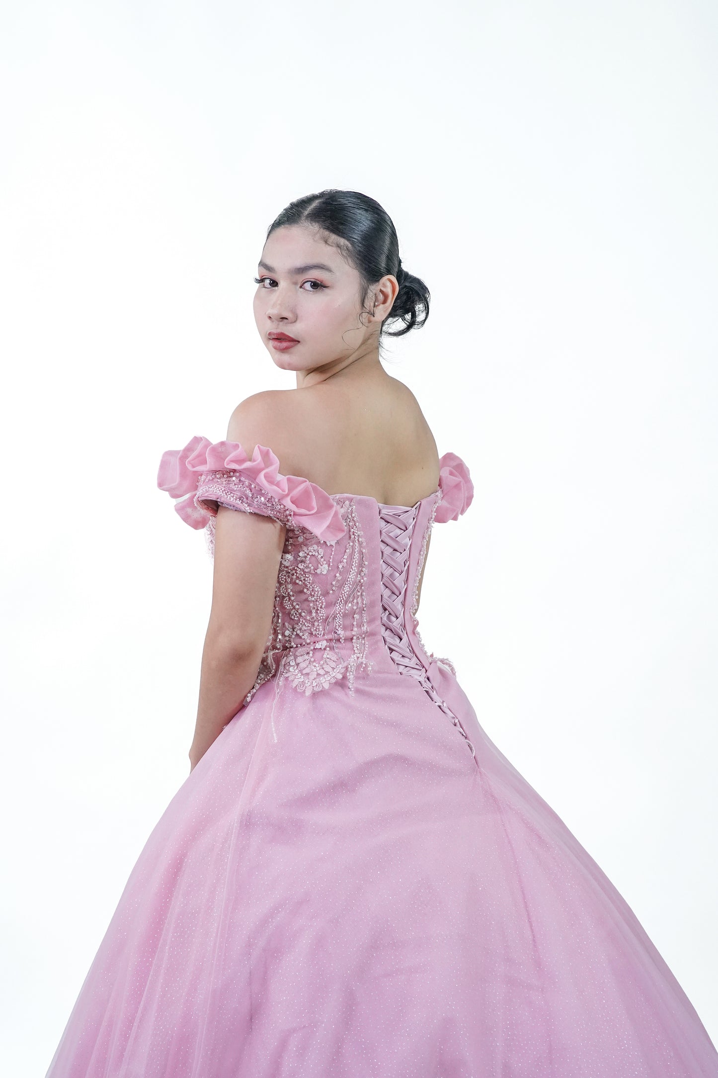 Pink Off-Shoulder Bejeweled Ball Gown - Noelle West Bridals
