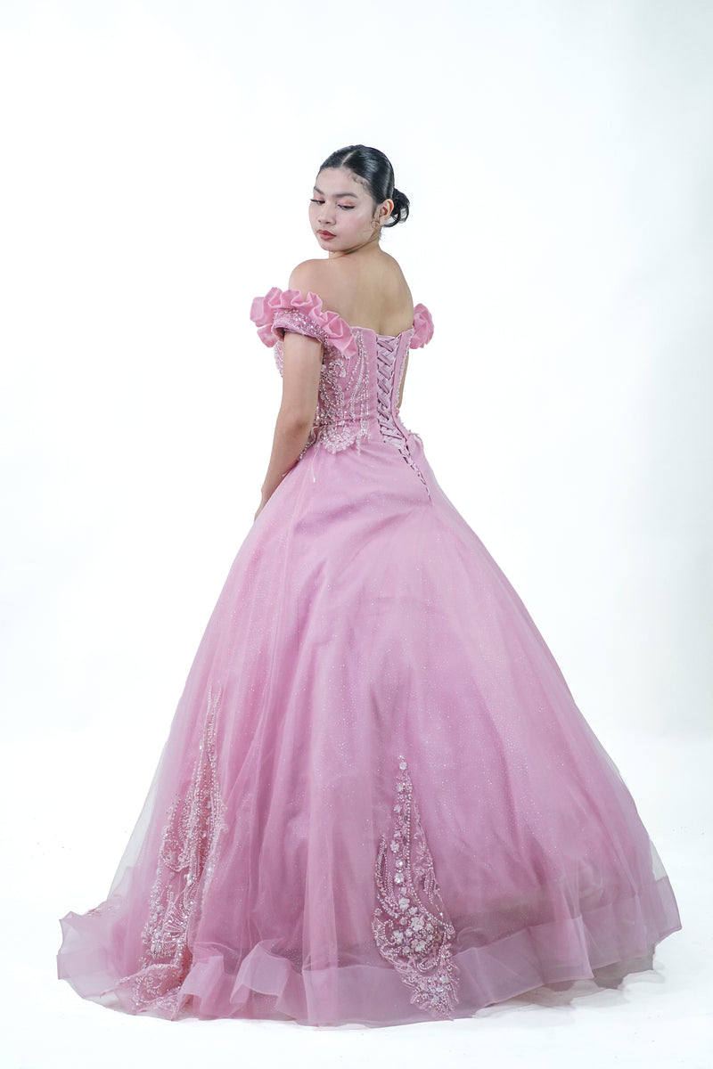 Pink Off-Shoulder Bejeweled Ball Gown - Noelle West Bridals