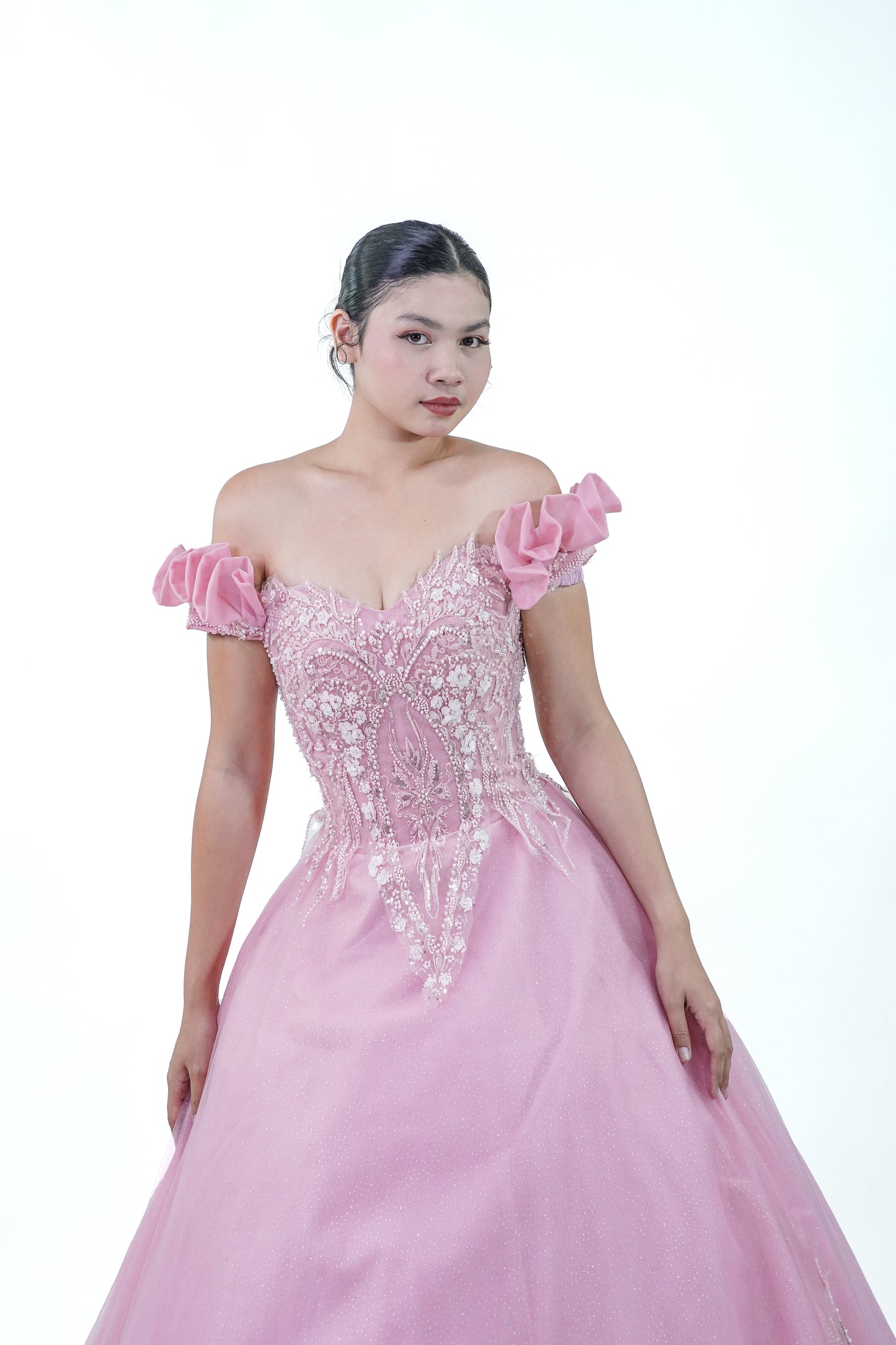 Pink Off-Shoulder Bejeweled Ball Gown - Noelle West Bridals