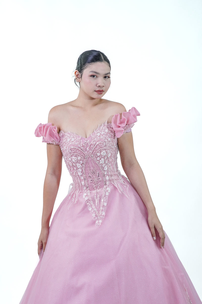 Pink Off-Shoulder Bejeweled Ball Gown - Noelle West Bridals