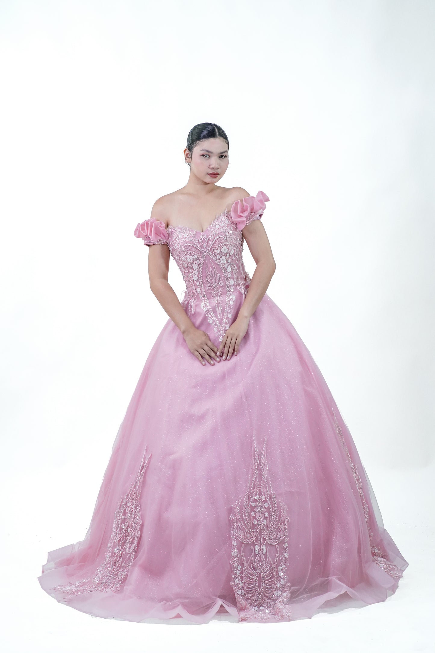 Pink Off-Shoulder Bejeweled Ball Gown - Noelle West Bridals