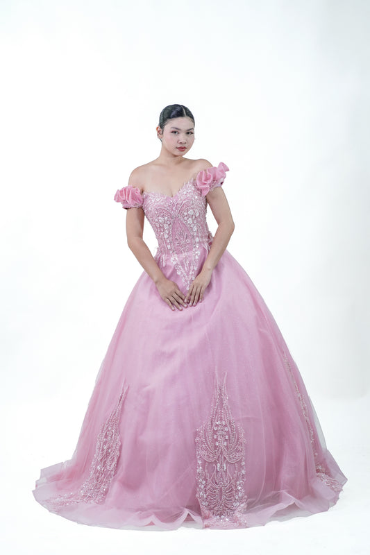 Pink Off-Shoulder Bejeweled Ball Gown - Noelle West Bridals