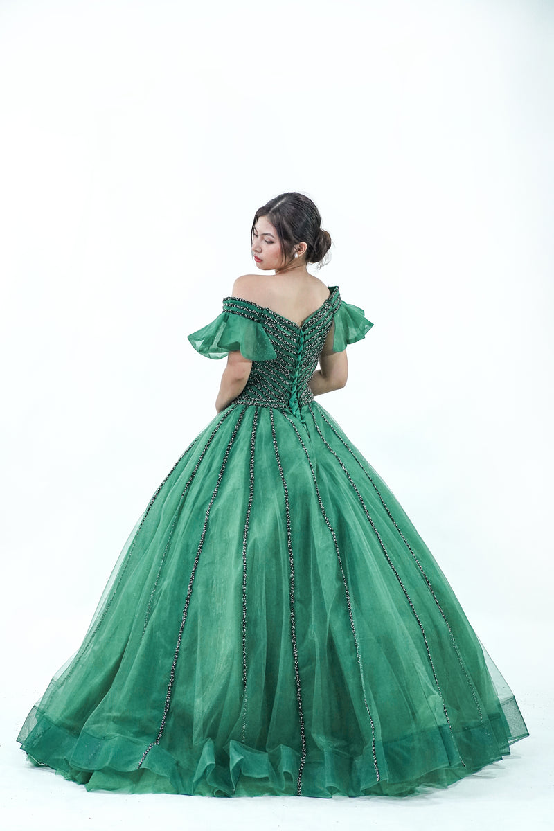 Green Off-Shoulder Ball Gown - Noelle West Bridals