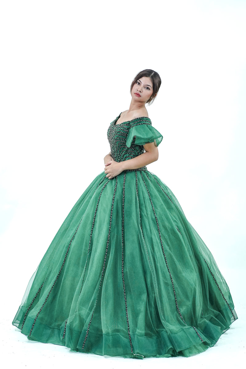 Green Off-Shoulder Ball Gown - Noelle West Bridals