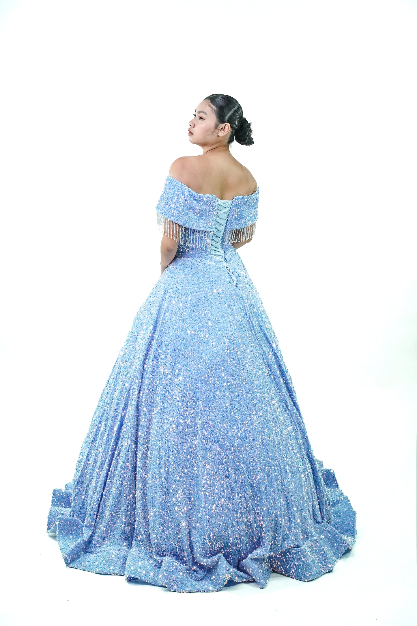 Off-Shoulder Sequined Sky Blue Ball Gown - Noelle West Bridals