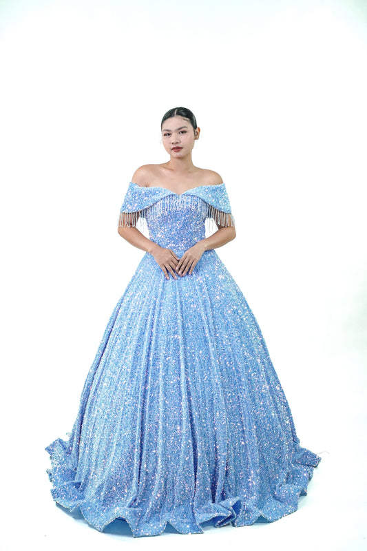 Off-Shoulder Sequined Sky Blue Ball Gown - Noelle West Bridals