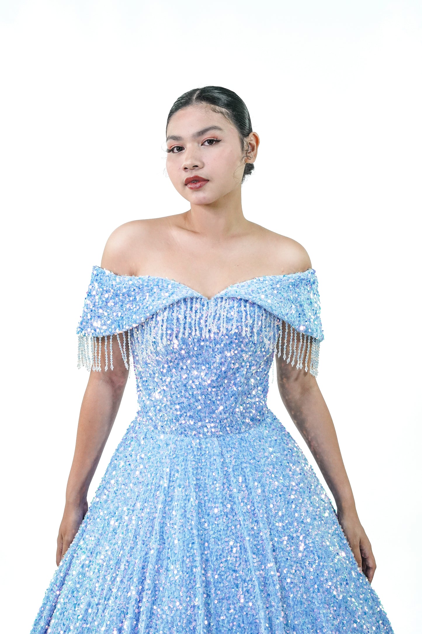 Off-Shoulder Sequined Sky Blue Ball Gown - Noelle West Bridals
