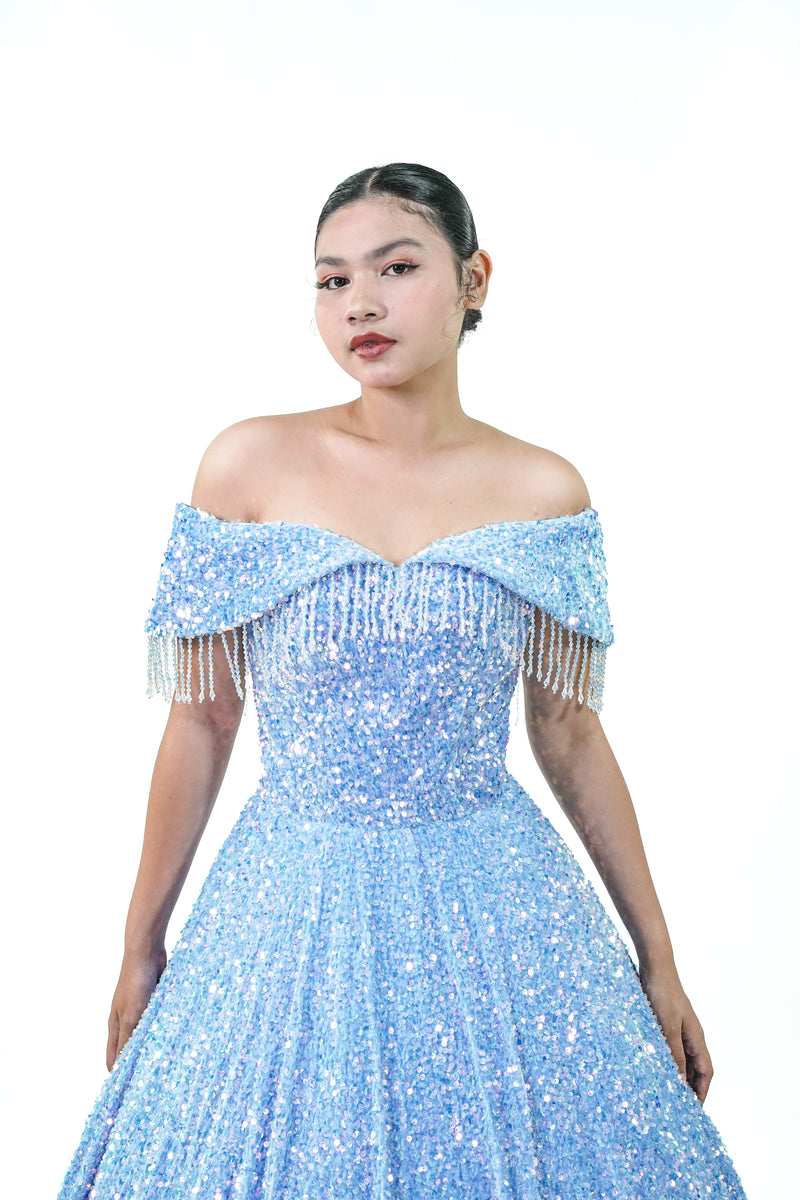 Off-Shoulder Sequined Sky Blue Ball Gown - Noelle West Bridals