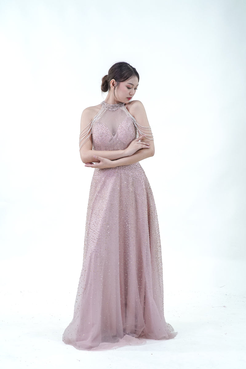 Old Rose Halter Evening Gown - Noelle West Bridals