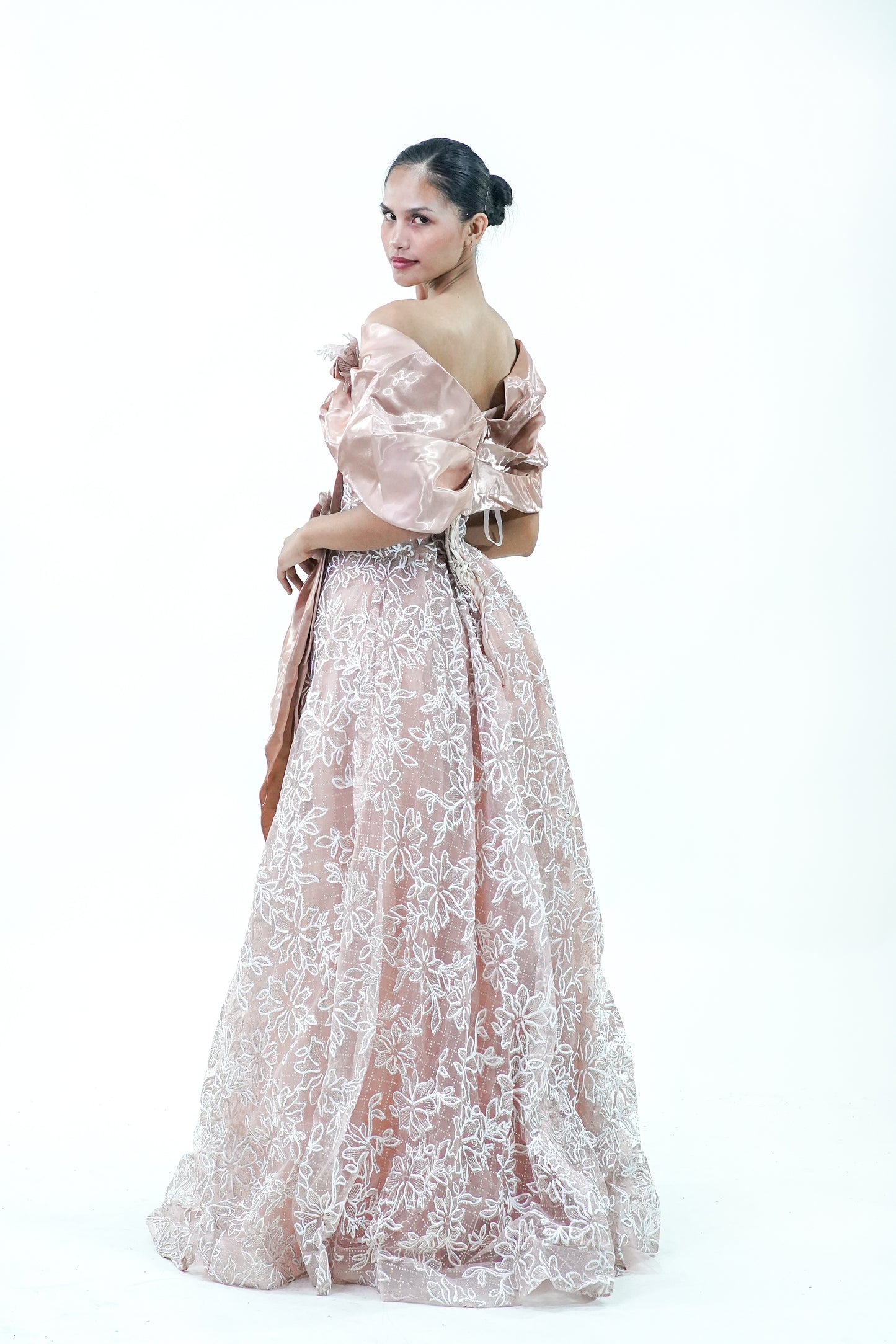 Off-Shoulder Old Rose Floral Evening Gown - Noelle West Bridals