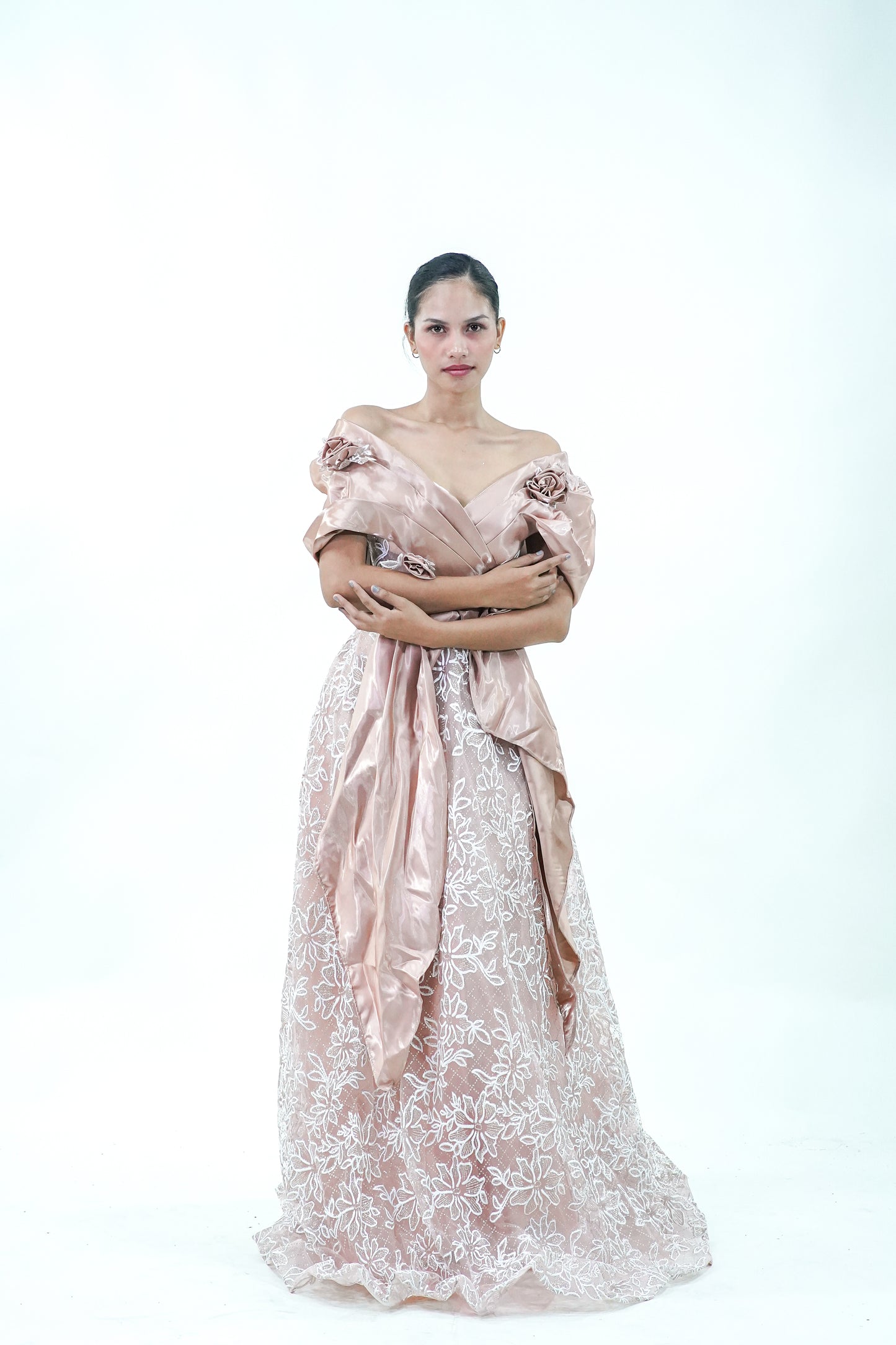 Off-Shoulder Old Rose Floral Evening Gown - Noelle West Bridals