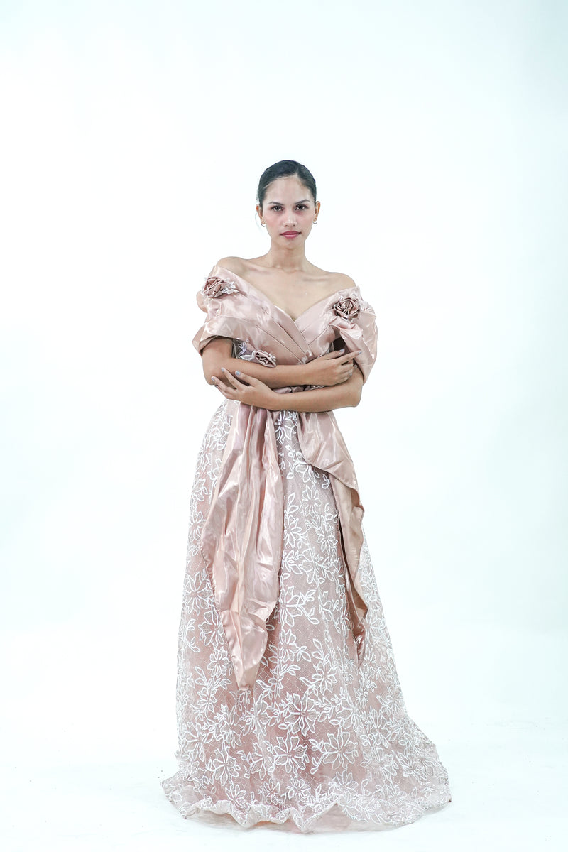 Off-Shoulder Old Rose Floral Evening Gown - Noelle West Bridals