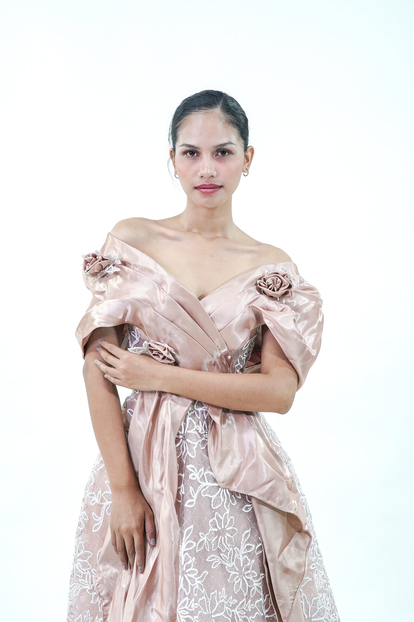 Off-Shoulder Old Rose Floral Evening Gown - Noelle West Bridals