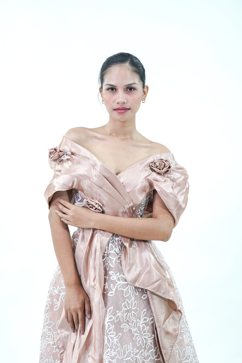 Off-Shoulder Old Rose Floral Evening Gown - Noelle West Bridals