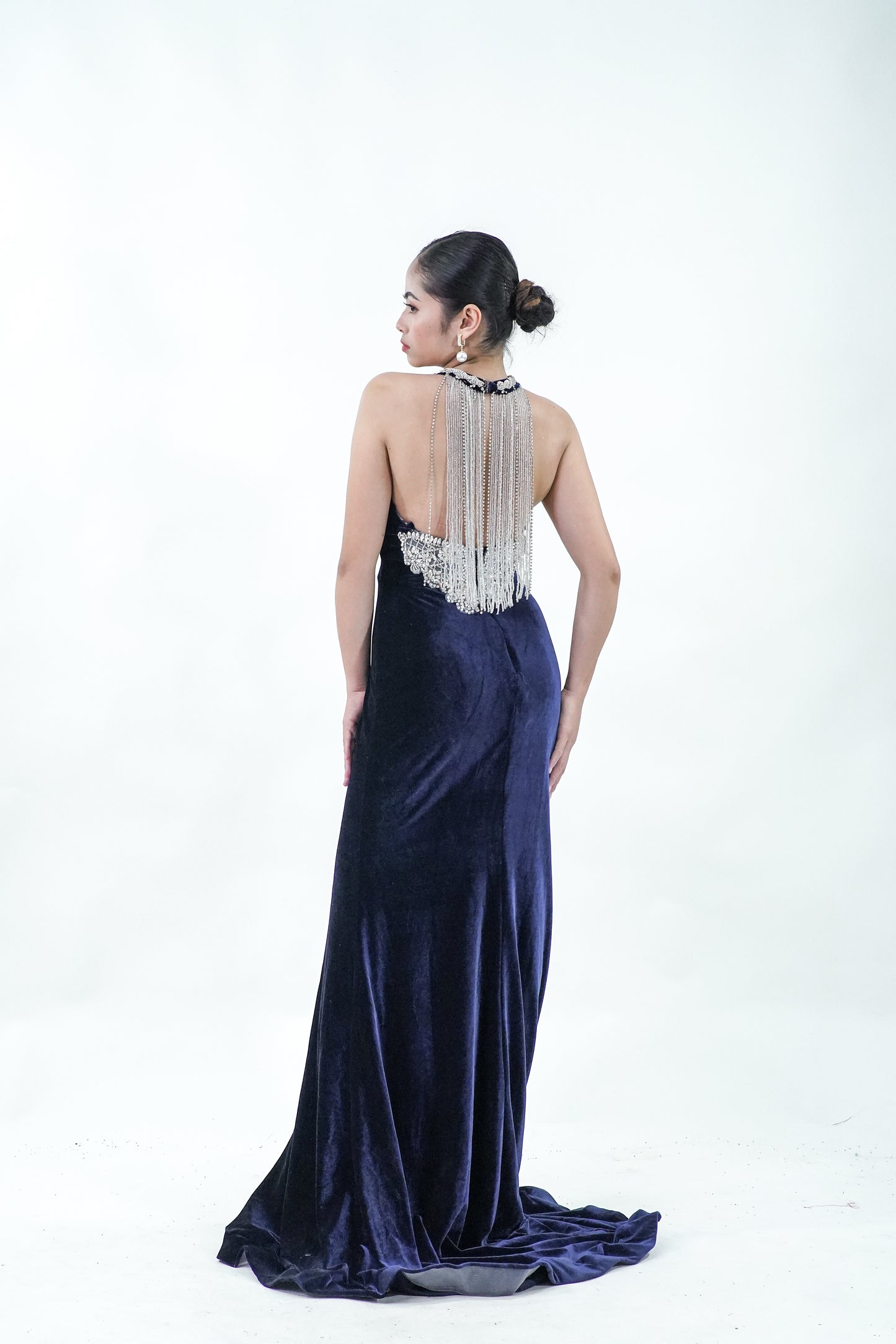 Midnight Blue Halter Velvet Evening Gown - Noelle West Bridals
