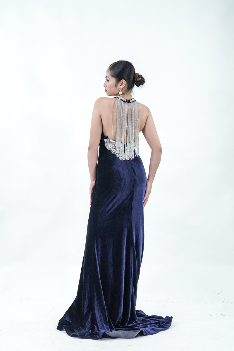 Midnight Blue Halter Velvet Evening Gown - Noelle West Bridals