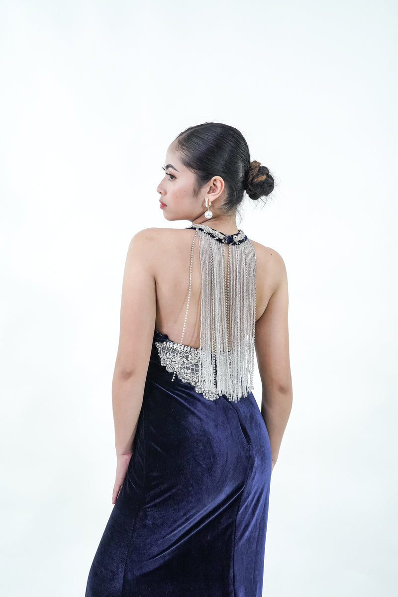 Midnight Blue Halter Velvet Evening Gown - Noelle West Bridals