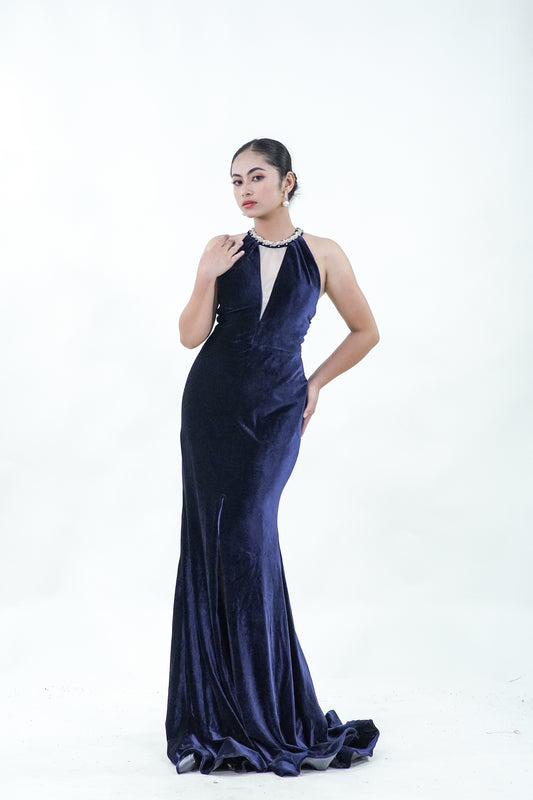 Midnight Blue Halter Velvet Evening Gown - Noelle West Bridals