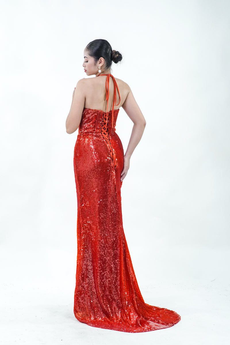 Halter Sequined Red Evening Gown - Noelle West Bridals