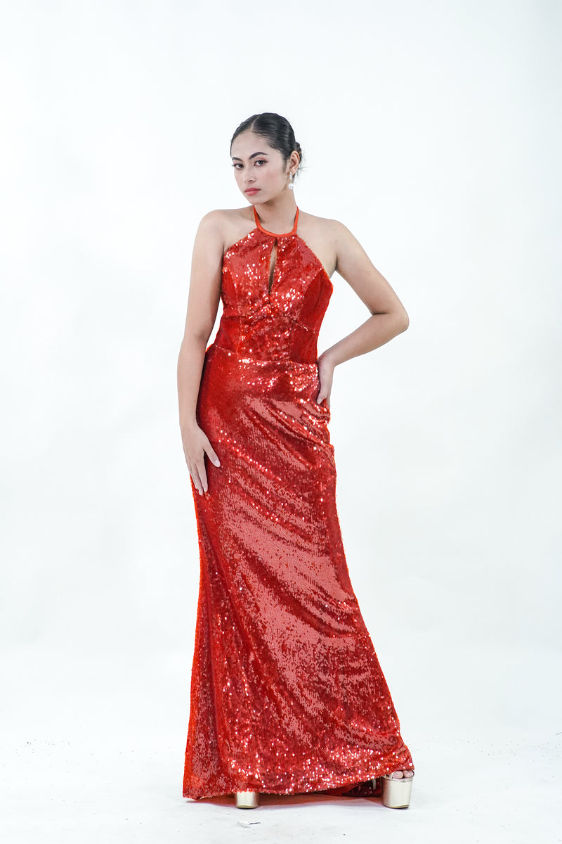 Halter Sequined Red Evening Gown - Noelle West Bridals