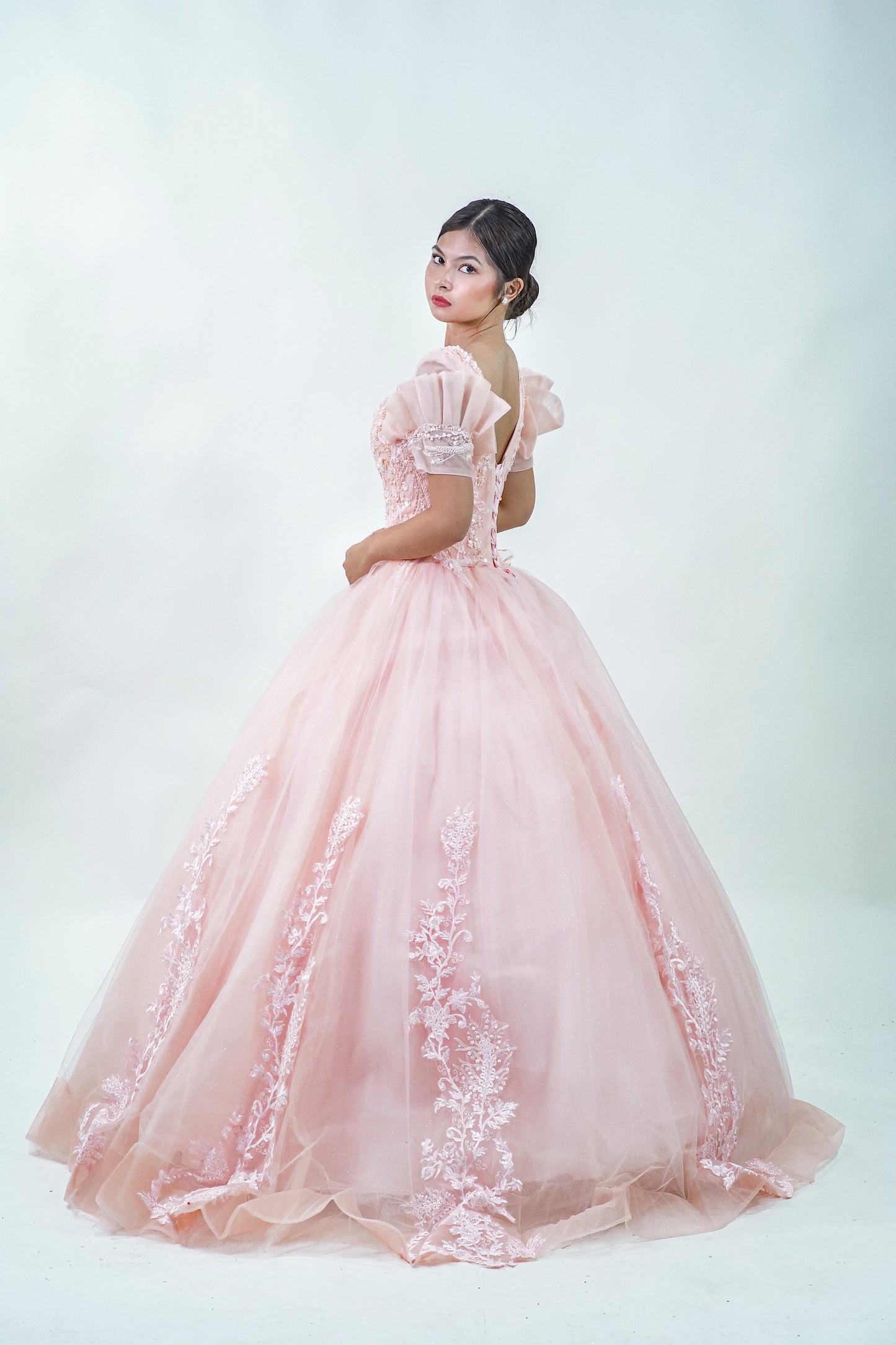 Short Sleeve Pink Bejeweled Ball Gown - Noelle West Bridals