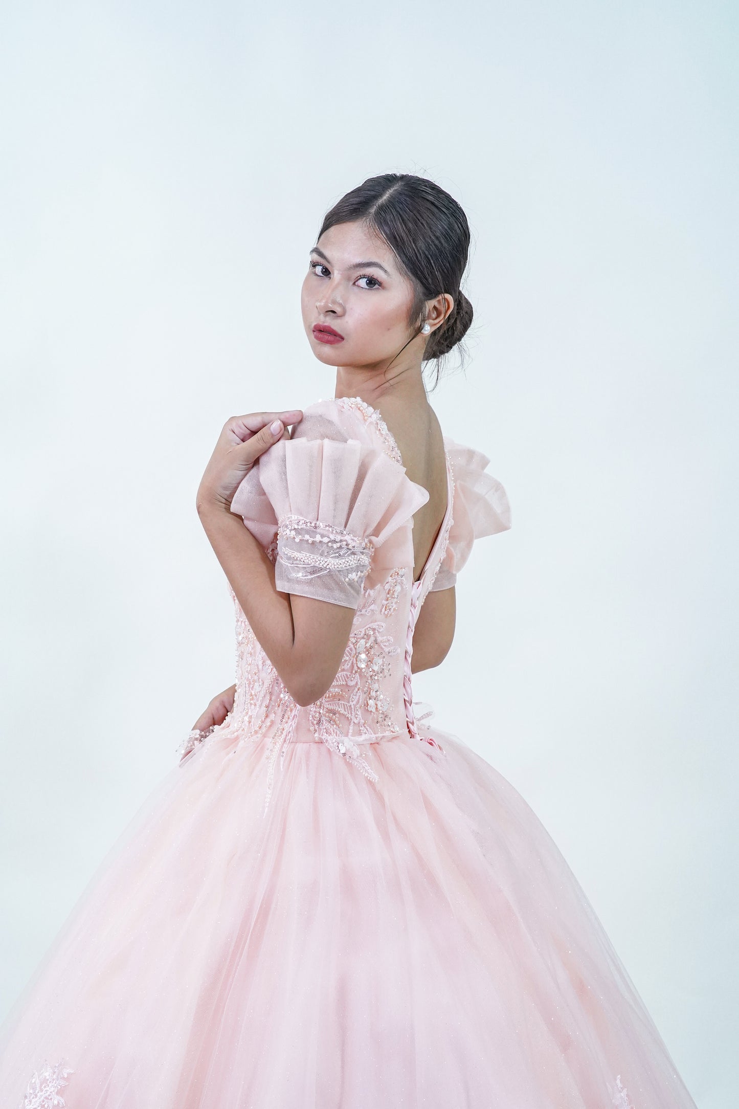 Short Sleeve Pink Bejeweled Ball Gown - Noelle West Bridals